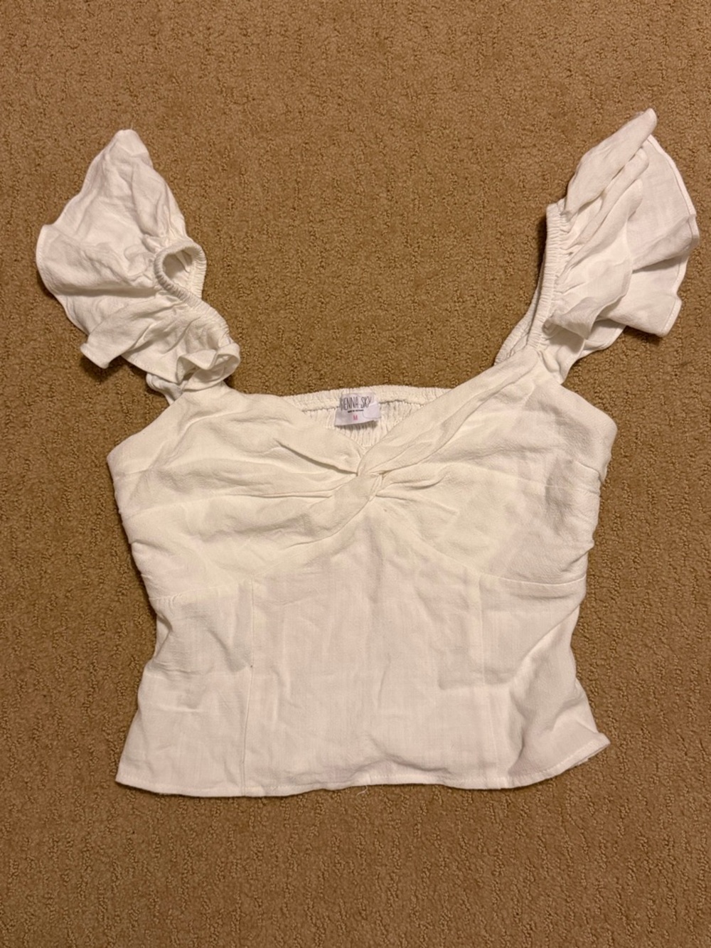 Sienna Sky White Ruffle Strap Twist Front Crop Top